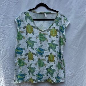 Nora Cora Sea Turtle Print White Short Sleeve Tee Top XL